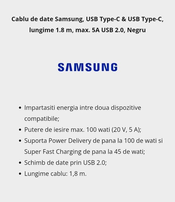 Cablu încărcător Samsung 5A Type-C 1,8 m NOU