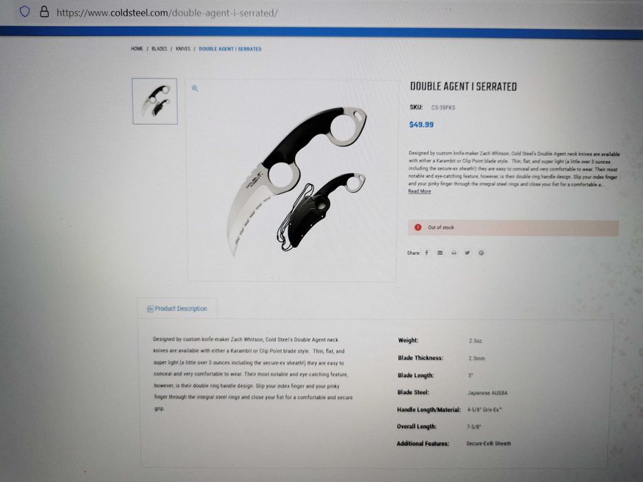 Нож Cold Steel Double Agent I  CS-39FKS  за скрито носене