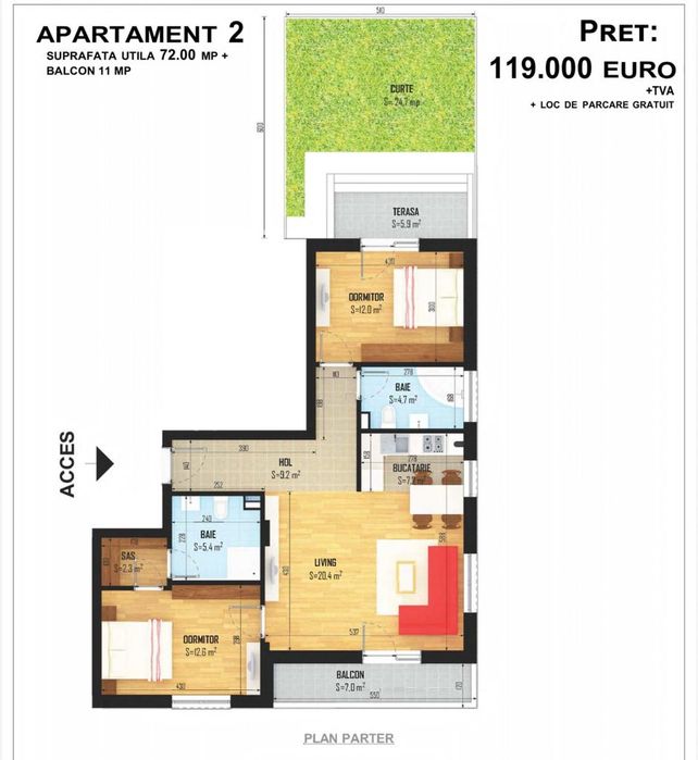 Apartament 3 camere cu curte proprie | Loc parcare inclus