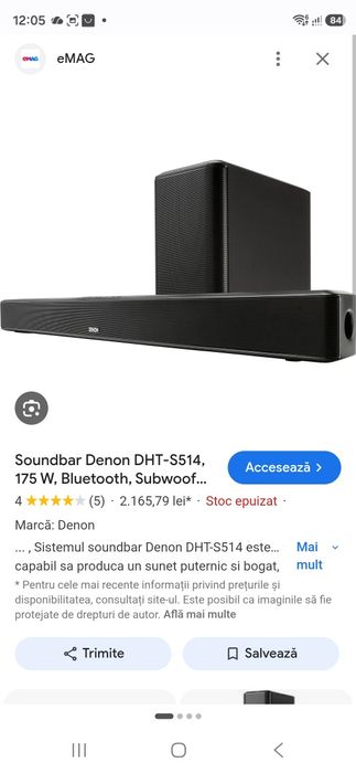 Soundbar Denon DHT-S514 Bluetooth cu subwoofer activ wireless