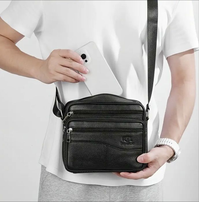 Мъжка обемна квадратна кожена чанта за рамо /Кафява и черна ест. кожа!