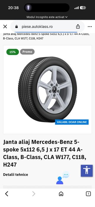 Jante oem 5x112 Mercedes Cla/C/E class R17 cu senzori