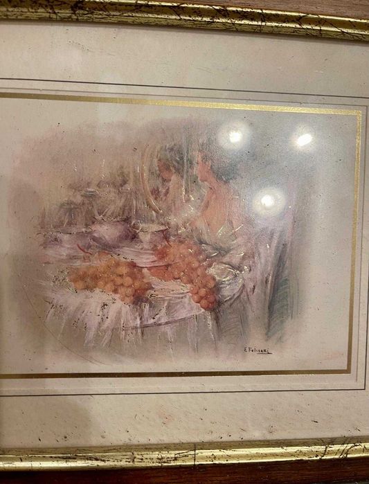 Tablou original E Felisari – scena romantica cu femeie si struguri