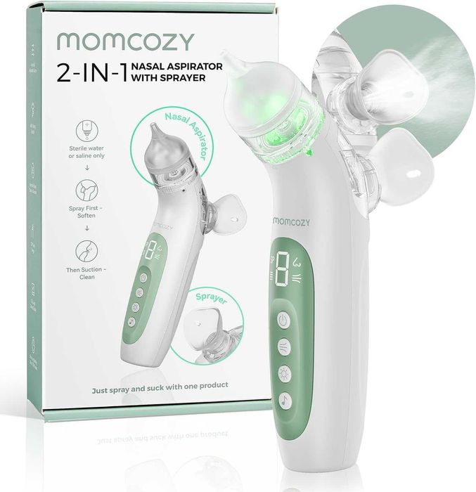 Momcozy BreezyClear™ 2-в-1 електрически назален аспиратор за бебета със спрей, 65kPa засмукване