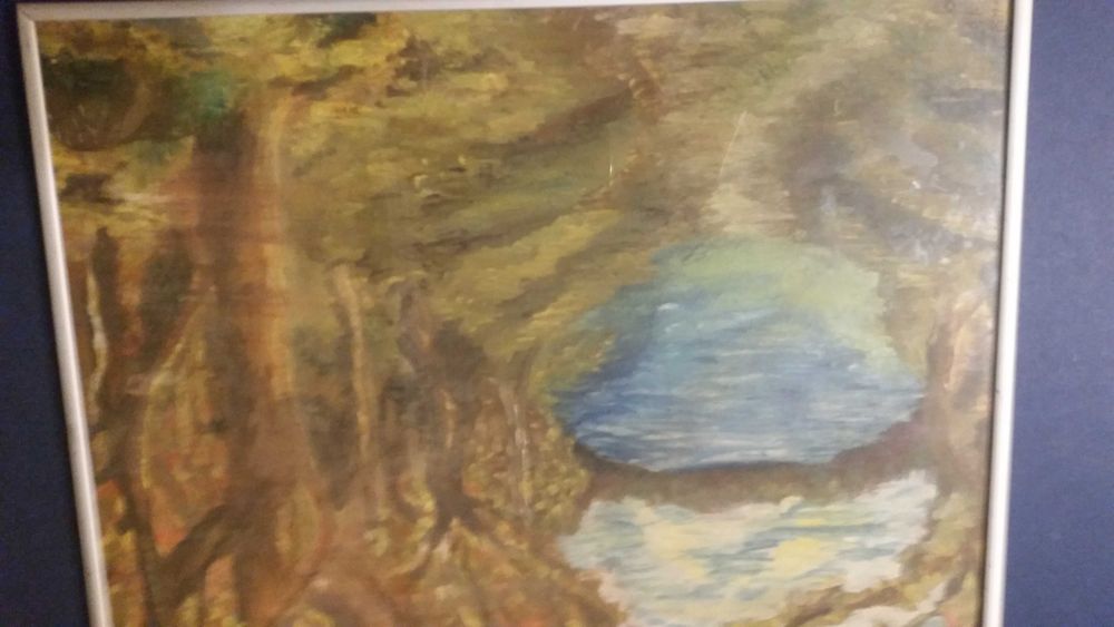 Пейзаж с езеро, рисуван на ръка.