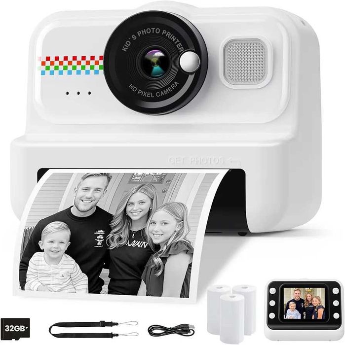 детски фотоапарат за моментален печат HiMont 1080P HD (3 ролки хартия + 32GB карта) Бял или лилаво