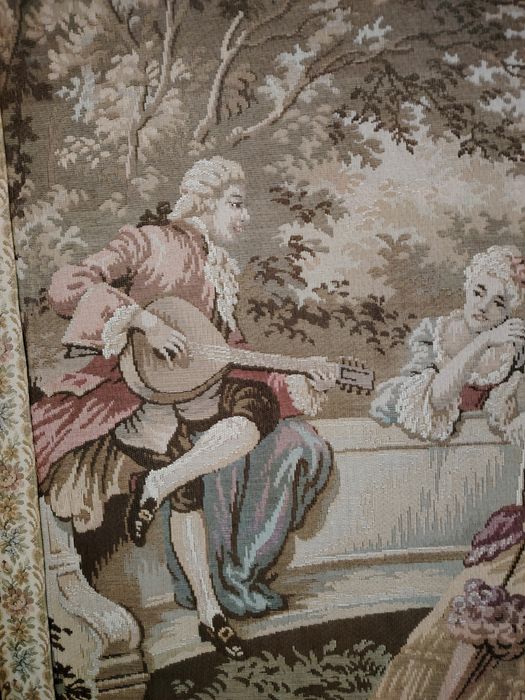 Superba tapiserie veche scenă galantă pastorală cu figuri aristocrati