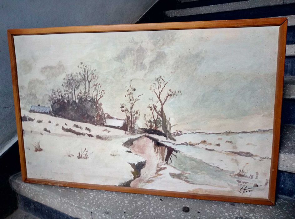 Стара Авторска Българска МАСЛЕНА КАРТИНА Зимен Пейзаж 80/50см