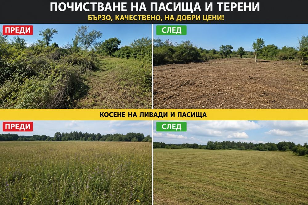 Почистване на пасища и терени. Мулчиране и Косене. Бързо и изгодно!