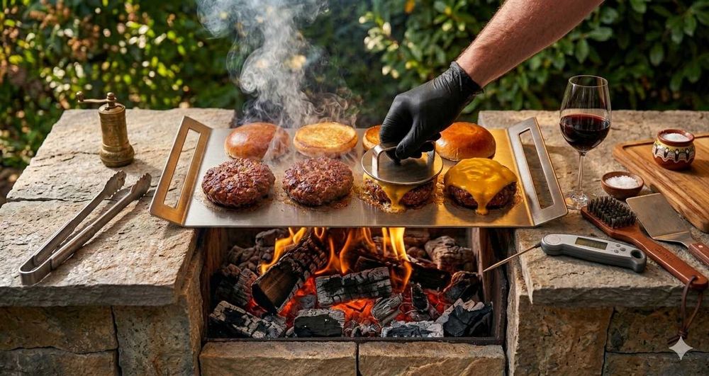 Plită Grătar Profesională INOX Alimentar 316 (6mm grosime) + CADOU Presă Smash Burger