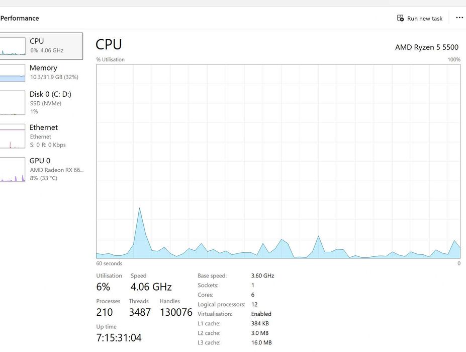 Геймърски компютър: Ryzen 5 5500 / 32GB RAM / 1TB SSD / RX 6600 + 4K Монитор