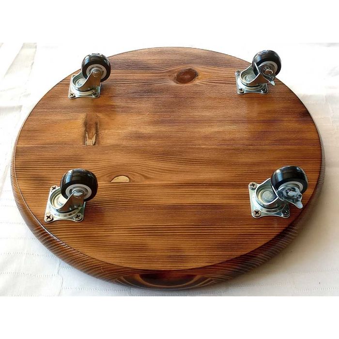 Suport ghiveci flori din lemn ars, rotund, pe roti pivotante – Ø30 cm