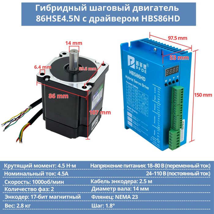 Гибридный шаговый двигатель 57HSE1.5N с драйвером HBS57