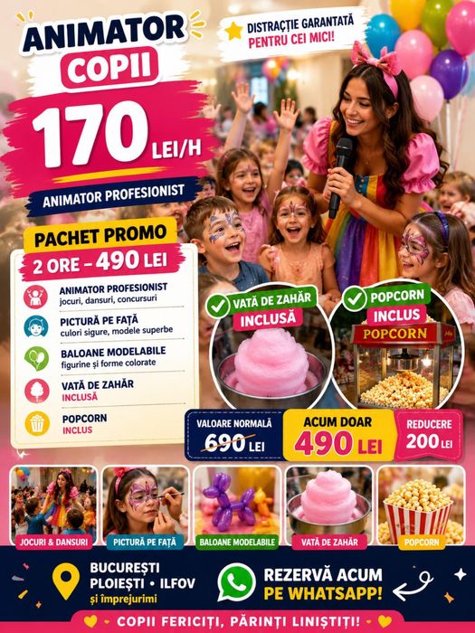 Animatori petreceri copii •De la 170 lei | Popcorn, Vată de Zahăr