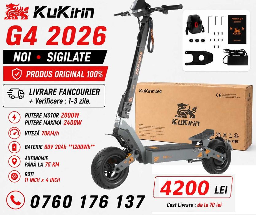 G4 2026‼️SIGILATA Noua‼️Kukirin G4‼️70 Km/h, Motor 2000W Noua Sigilata 0 KM . Roti 11 inch,