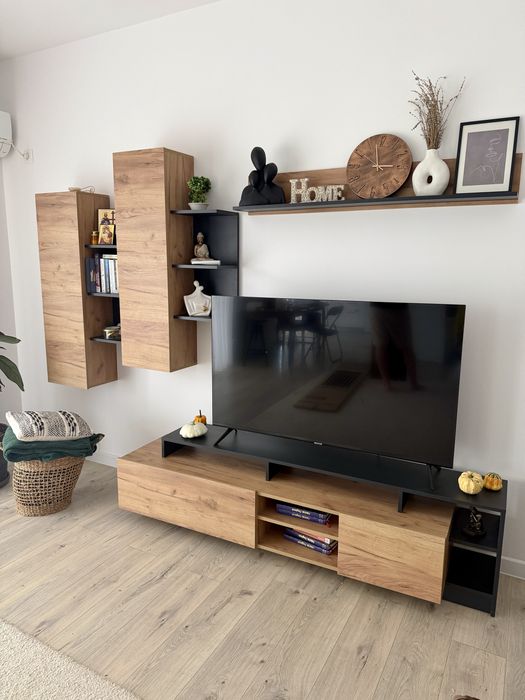 Mobila living, aspect lemn natural si antracit