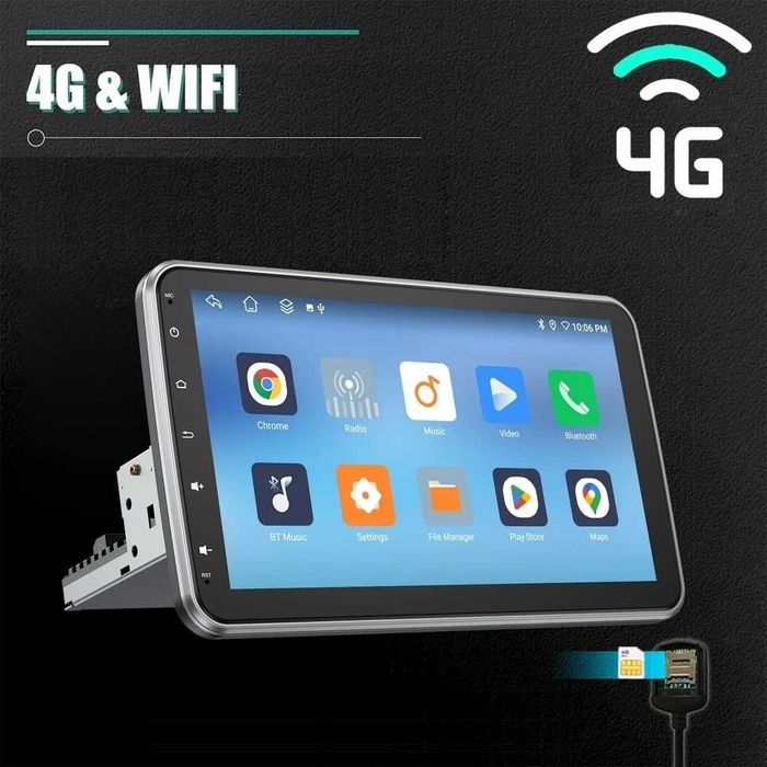 10.1” 1-DIN мултимедия с Android 14, 8-core CPU 6/128GB ,  4G/LTE, RDS, CarPlay и AndroidAuto