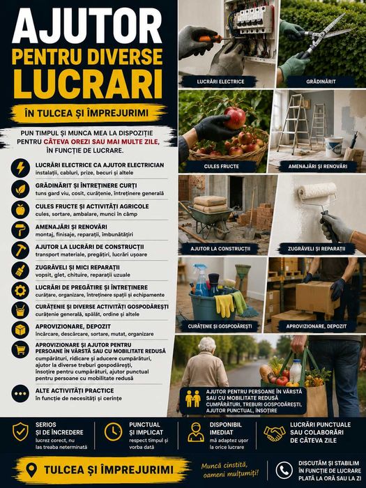 Ajutor pentru diverse lucrari - electric, gradinarit, constructii, agricultura - Tulcea