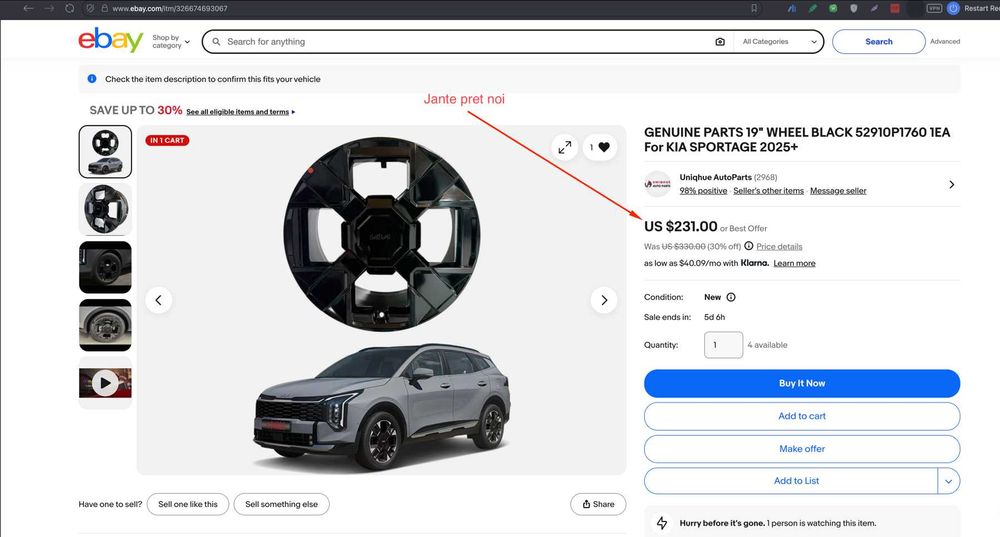 Set 4 Jante Kia Sportage 19 zoli Noi + 4 Anvelope Michelin Primacy Noi