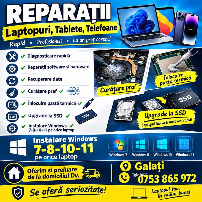 Reparații desktop/laptop/tablete/telefoane
