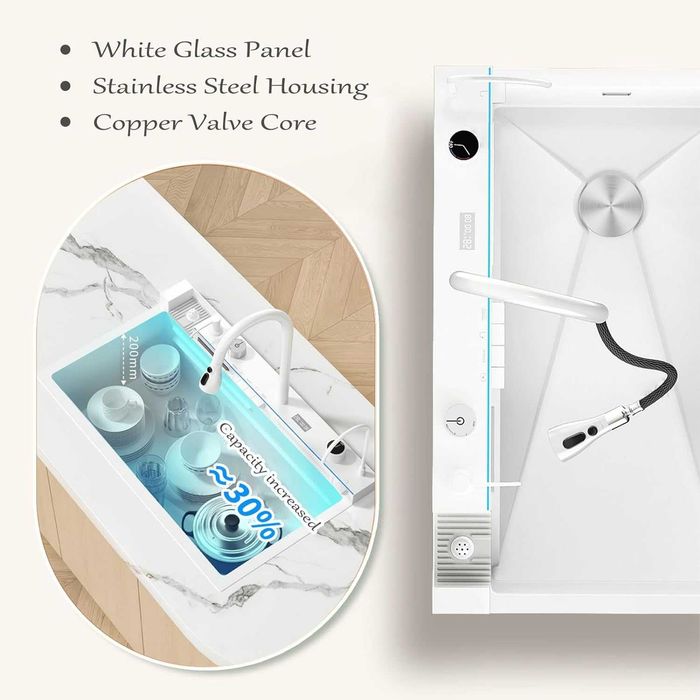 Модерна бяла мултифункционална кухненска мивка с двоен водопад W12WW