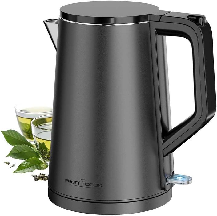 Кана ProfiCook 1,5 литра | 2200 W | Термокорпус с двойни стени | Станция с макара за кабел | Матов корпус от неръждаема стомана