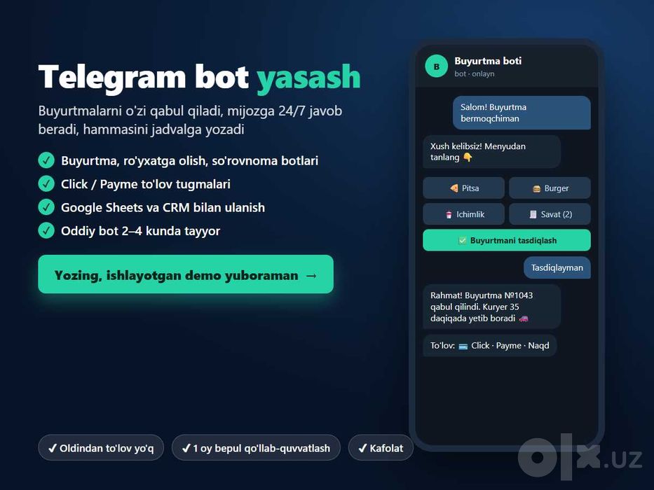 Telegram bot yasash | Buyurtma bot, CRM, avtomatlashtirish | 2-4 kun