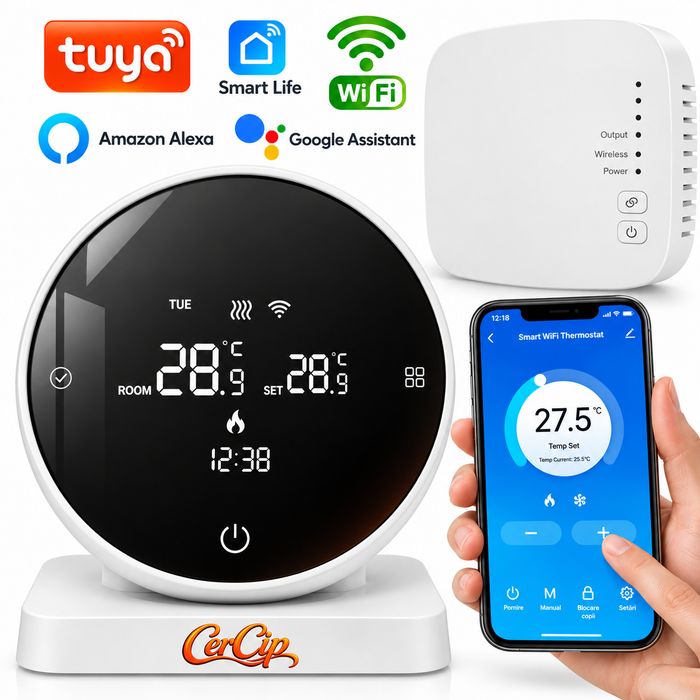 Termostat Wireless pentru Centrale Termice pe Gaz, Wifi, Control din aplicatia Tuya, Universal, Programabil, Receiver inclus, Touchscreen, Control vocal, Alimentare prin USB C sau baterii AA, Alb
