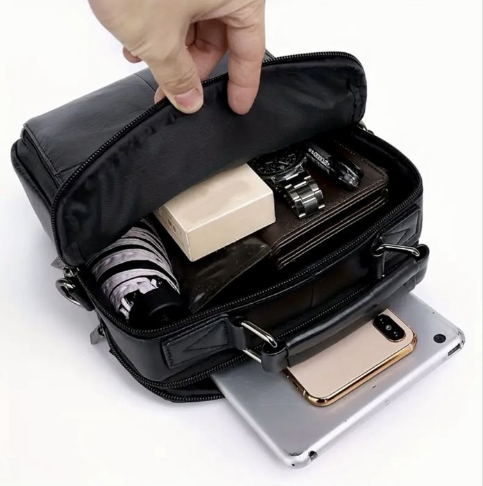 Мъжка елегантно/практична и голяма бизнес чанта/Черна естествена кожа