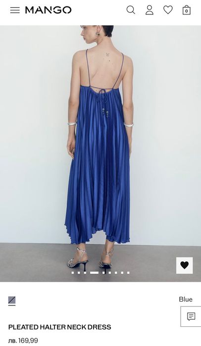 Нови дълга рокля с пайети и гол гръб, плисирана синя рокля Mango
