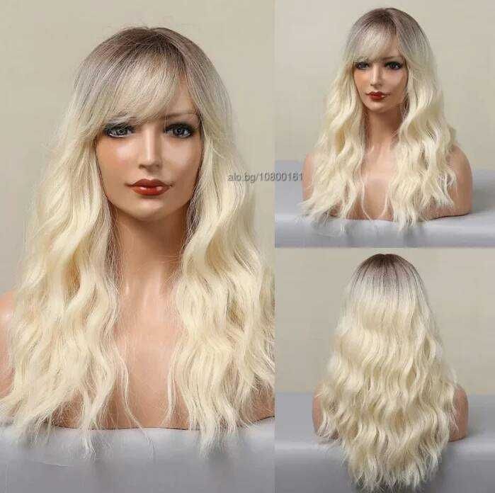 Светло руса омбре чуплива перука 60 см с тъмни корени и бретон