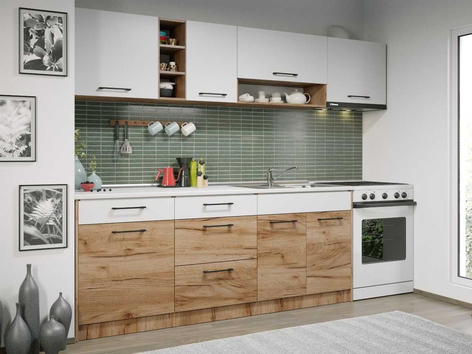 Set Mobila Bucatarie Gastro 260 Alb/Stejar - C03 - Transport Gratuit