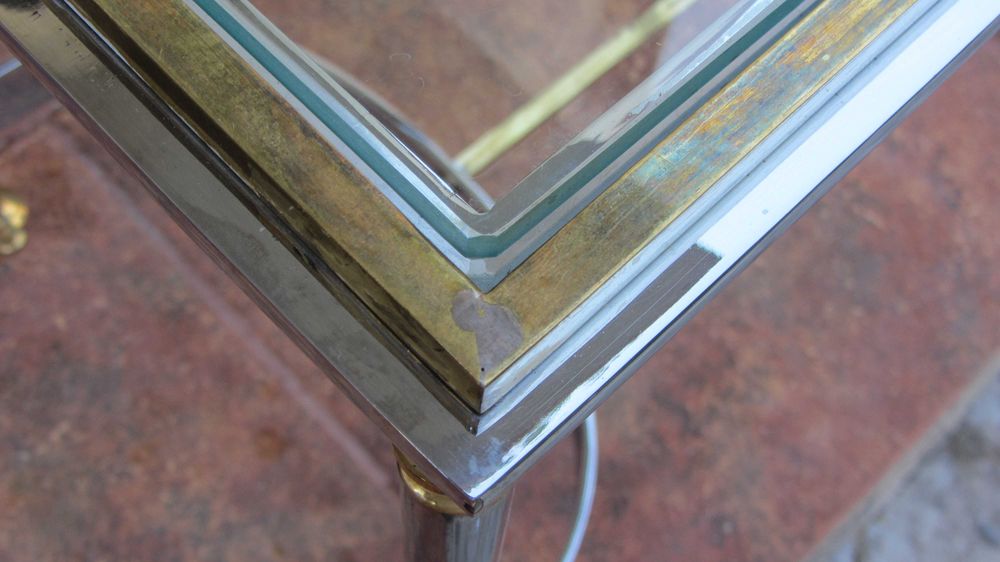 Masuta cafea absolut deosebita alama,inox,sticla vintage anii 70 patin