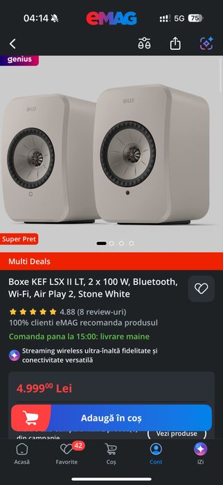 Boxe KEF LSX II LT, 2 x 100 W, Bluetooth, Wi-Fi, AirPlay 2  - Garantie