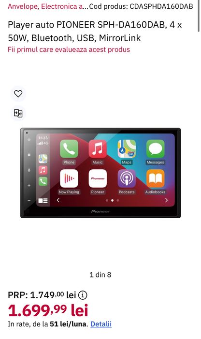 PIONEER SPH-DA160DAB 4 x 50W Bluetooth USB MirrorLink Carplay sigilata, transport inclus