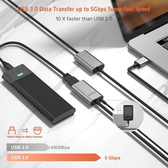 Alxum USB удължителен кабел 10m с 5V/2A захранващ адаптер