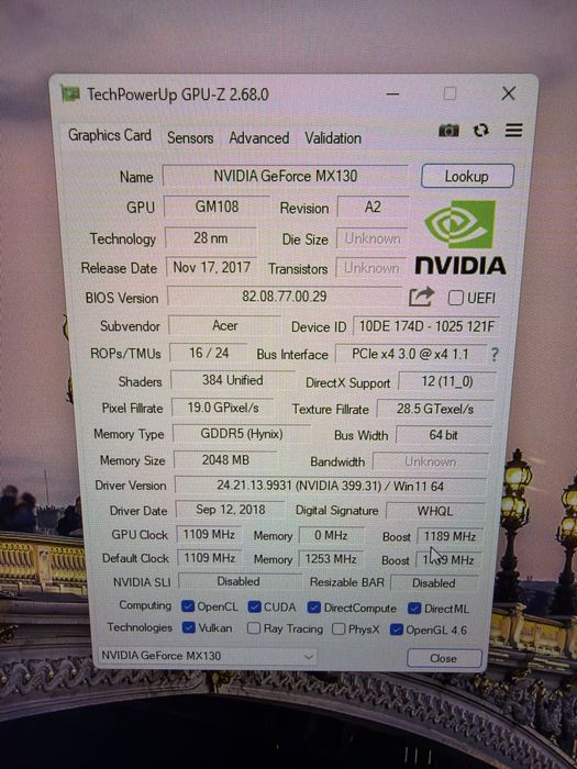 Laptop Acer i5 8gen 12g 256g nvme 500g  nVidia 2g 17 Fhd