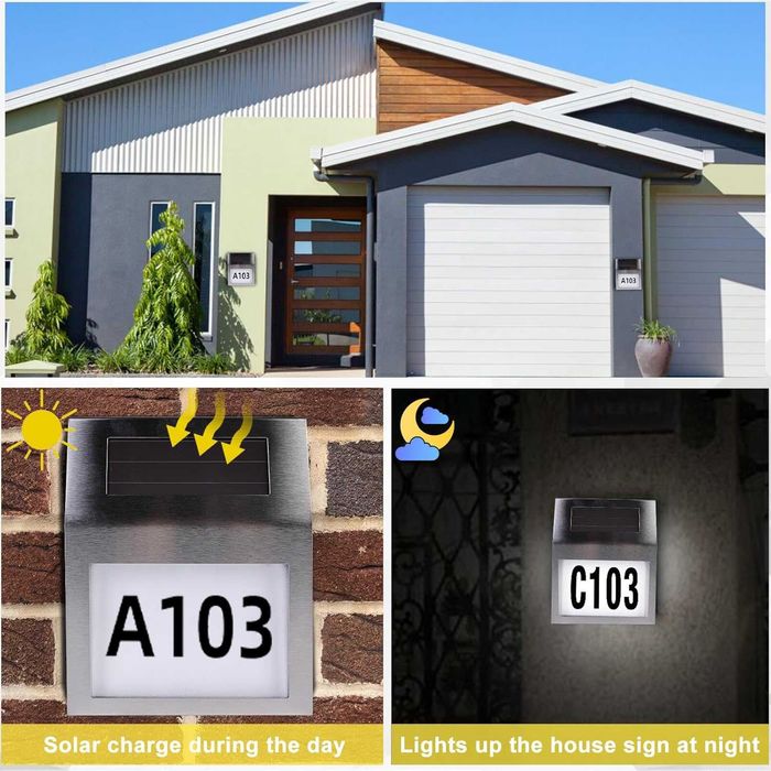 Panou numar de casa cu iluminare solara LED din inox argintiu 18x20 cm