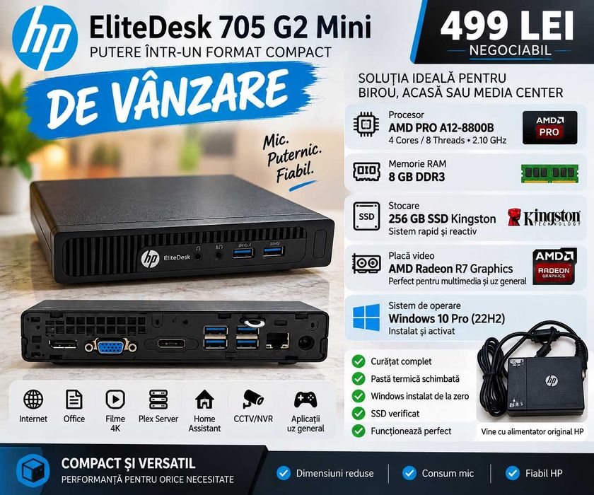 Vând HP EliteDesk 705 G2 Mini | 8GB RAM | SSD 256GB | Windows 10 Pro