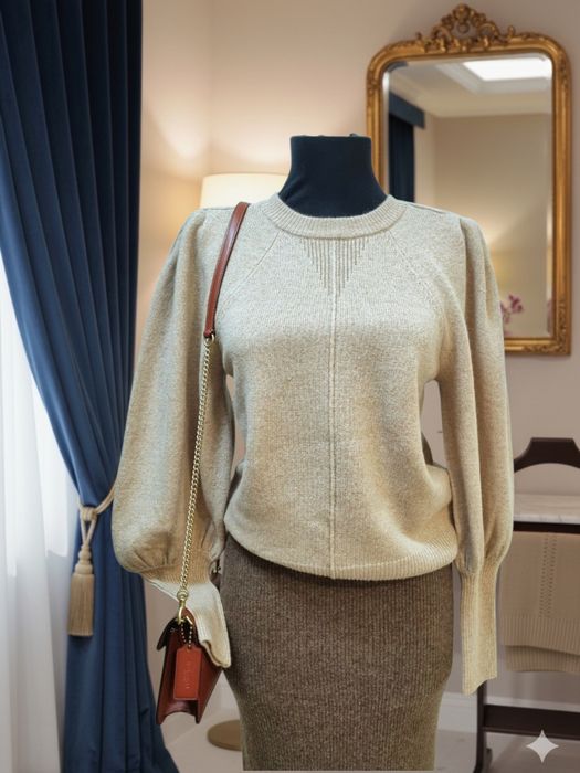 Pulover maneci bufante Ba&sh bej lana si yak