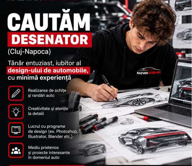 Cautăm (Cluj-Napoca) tânăr entuziast, iubitor al design-ului de automobile, cu minimâ experiență