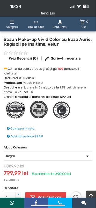 Scaun Make-up Vivid Color cu Baza Aurie, Reglabil pe Inaltime, Velur