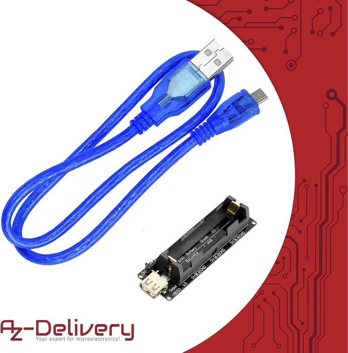 AZDelivery Разширителен щит за батерия, 18650, V3, с USB кабел