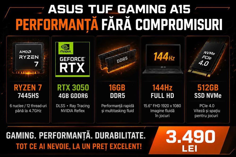 Laptop Gaming ASUS TUF A15 Ryzen 7 7445HS RTX 3050 16GB DDR5 144Hz