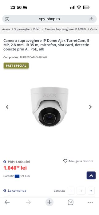 Camera supraveghere IP Dome Ajax TurretCam, 5 MP, 2.8 mm, IR 35 m, microfon, slot card, detectie obiecte prin AI, PoE, alb