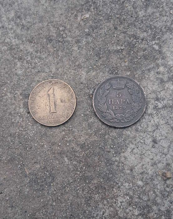 MONEDE VECHI GASITE  1 SCHILLING 1962 SI 5 PARA SERBIA 1879 cum sunt in fotografii