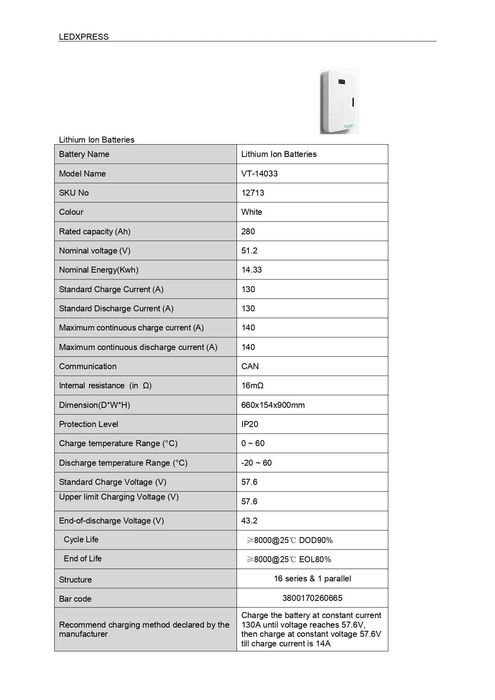 Acumulator V-TAC 14.33kWh Alb SLIM IP20 >8000 Cicluri