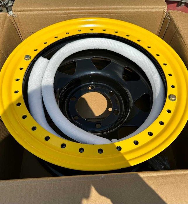 Jante din tabla offroad cu BEADLOCK galben 16x8J 6x139.7 ET -35 CB 110