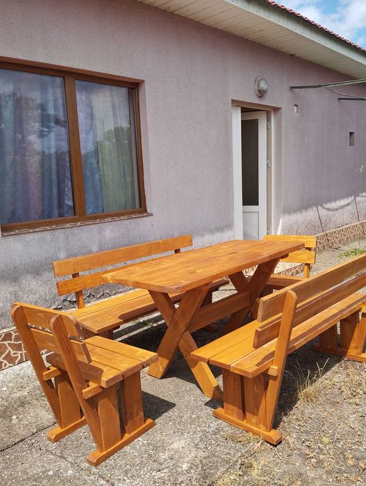 Set mobilier de gradina masa + bănci + scaune lemn masiv stejar
