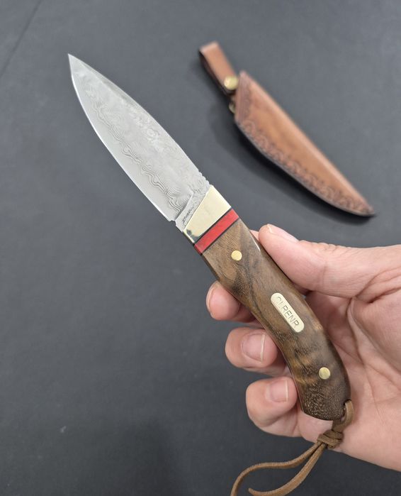 Компактен ловен нож CLRERN, дамаска стомана,фултанг с кожена кания ,LN